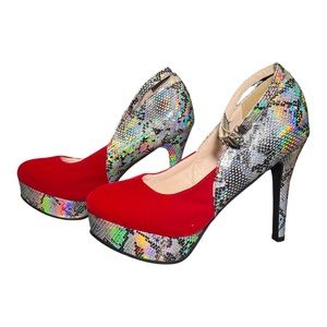 Jinpin Red Velvet & Iridescent Faux Snake Print Ankle Buckle High Heels